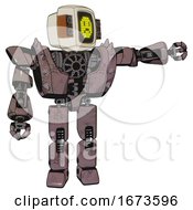 Robot Containing Old Computer Monitor And Yellow Sad Pixel Face And Old Retro Speakers And Heavy Upper Chest And Heavy Mech Chest And Shoulder Spikes And Prototype Exoplate Legs Dusty Rose Red Metal