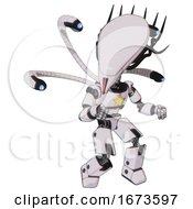 Poster, Art Print Of Android Containing Flat Elongated Skull Head And Cables And Light Chest Exoshielding And Yellow Star And Blue-Eye Cam Cable Tentacles And Prototype Exoplate Legs White Halftone Toon