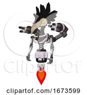 Poster, Art Print Of Droid Containing Bird Skull Head And Big Yellow Eyes And Crow Feather Design And Light Chest Exoshielding And Minigun Back Assembly And No Chest Plating And Jet Propulsion White Halftone Toon