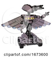 Poster, Art Print Of Bot Containing Gatling Gun Face Design And Light Chest Exoshielding And Yellow Chest Lights And Cherub Wings Design And Six-Wheeler Base Dark Sketch Pointing Left Or Pushing A Button