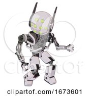 Poster, Art Print Of Bot Containing Round Head And Green Eyes Array And Head Winglets And Heavy Upper Chest And No Chest Plating And Prototype Exoplate Legs White Halftone Toon Fight Or Defense Pose