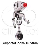 Poster, Art Print Of Robot Containing Round Head And Red Laser Crystal Array And Head Light Gadgets And Light Chest Exoshielding And Ultralight Chest Exosuit And Unicycle Wheel White Halftone Toon Facing Left View