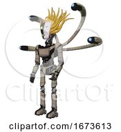 Poster, Art Print Of Robot Containing Humanoid Face Mask And Two-Face Black White Mask And Light Chest Exoshielding And Ultralight Chest Exosuit And Blue-Eye Cam Cable Tentacles And Ultralight Foot Exosuit