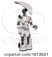 Poster, Art Print Of Droid Containing Flat Elongated Skull Head And Light Chest Exoshielding And Yellow Star And Light Leg Exoshielding And Stomper Foot Mod White Halftone Toon Facing Left View