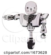 Poster, Art Print Of Bot Containing Round Head And Heavy Upper Chest And Heavy Mech Chest And Unicycle Wheel And Cat Face White Halftone Toon Arm Out Holding Invisible Object