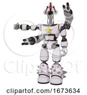 Bot Containing Dual Retro Camera Head And Laser Gun Head And Light Chest Exoshielding And Yellow Star And Minigun Back Assembly And Light Leg Exoshielding And Spike Foot Mod White Halftone Toon