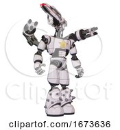 Poster, Art Print Of Bot Containing Dual Retro Camera Head And Laser Gun Head And Light Chest Exoshielding And Yellow Star And Minigun Back Assembly And Light Leg Exoshielding And Spike Foot Mod White Halftone Toon