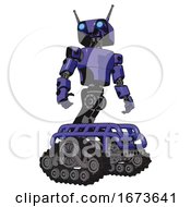 Poster, Art Print Of Android Containing Dual Retro Camera Head And Cyborg Antenna Head And Light Chest Exoshielding And Prototype Exoplate Chest And Tank Tracks Primary Blue Halftone Hero Pose