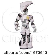 Poster, Art Print Of Droid Containing Flat Elongated Skull Head And Light Chest Exoshielding And Yellow Star And Light Leg Exoshielding And Stomper Foot Mod White Halftone Toon Hero Pose