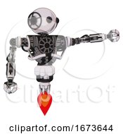 Poster, Art Print Of Cyborg Containing Oval Wide Head And Beady Black Eyes And Heavy Upper Chest And No Chest Plating And Jet Propulsion White Halftone Toon Pointing Left Or Pushing A Button