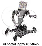 Poster, Art Print Of Cyborg Containing Dual Retro Camera Head And Cube Array Head And Heavy Upper Chest And No Chest Plating And Insect Walker Legs White Halftone Toon Fight Or Defense Pose