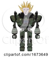 Poster, Art Print Of Bot Containing Humanoid Face Mask And Heavy Upper Chest And Chest Energy Gun And Prototype Exoplate Legs Old Corroded Copper Front View
