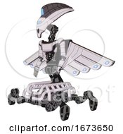 Poster, Art Print Of Droid Containing Flat Elongated Skull Head And Visor And Light Chest Exoshielding And Ultralight Chest Exosuit And Cherub Wings Design And Insect Walker Legs White Halftone Toon Facing Right View