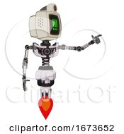 Automaton Containing Old Computer Monitor And Pixel Exclamation Point Alert Face And Retro Futuristic Webcam And Light Chest Exoshielding And No Chest Plating And Jet Propulsion White Halftone Toon