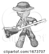 Poster, Art Print Of Sketch Detective Man Broom Fighter Defense Pose