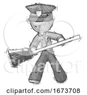 Poster, Art Print Of Sketch Police Man Broom Fighter Defense Pose