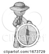 Sketch Detective Man Standing Beside Large Compass