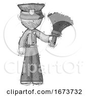 Poster, Art Print Of Sketch Police Man Holding Feather Duster Facing Forward