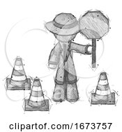 Poster, Art Print Of Sketch Detective Man Holding Stop Sign By Traffic Cones Under Construction Concept