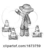 Sketch Detective Man Standing By Traffic Cones Waving