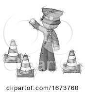 Sketch Police Man Standing By Traffic Cones Waving