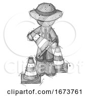 Poster, Art Print Of Sketch Detective Man Holding A Traffic Cone