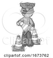 Poster, Art Print Of Sketch Police Man Holding A Traffic Cone