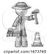 Poster, Art Print Of Sketch Detective Man Under Construction Concept Traffic Cone And Tools