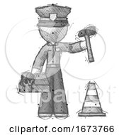 Poster, Art Print Of Sketch Police Man Under Construction Concept Traffic Cone And Tools