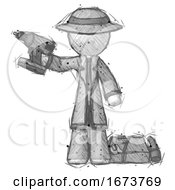 Sketch Detective Man Holding Drill Ready To Work Toolchest And Tools To Right