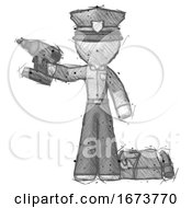 Poster, Art Print Of Sketch Police Man Holding Drill Ready To Work Toolchest And Tools To Right