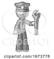 Poster, Art Print Of Sketch Police Man Holding Wrench Ready To Repair Or Work