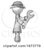 Poster, Art Print Of Sketch Detective Man Using Wrench Adjusting Something To Right