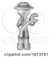 Poster, Art Print Of Sketch Detective Man Holding Large Wrench With Both Hands