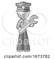 Sketch Police Man Holding Large Wrench With Both Hands