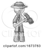 Poster, Art Print Of Sketch Detective Man Holding Hammer Ready To Work
