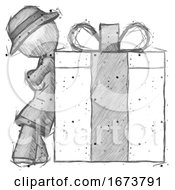 Sketch Detective Man Gift Concept Leaning Against Large Present