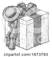 Sketch Detective Man Leaning On Gift With Bow Angle View