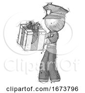 Poster, Art Print Of Sketch Police Man Presenting A Present With Large Bow On It
