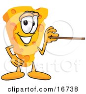 Wedge Of Orange Swiss Cheese Mascot Cartoon Character Using A Pointer Stick And Pointing To The Right