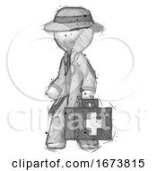 Poster, Art Print Of Sketch Detective Man Walking With Medical Aid Briefcase To Left