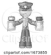 Poster, Art Print Of Sketch Police Man Holding Two Medicine Bottles