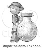Poster, Art Print Of Sketch Detective Man Standing Beside Large Round Flask Or Beaker