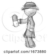 Poster, Art Print Of Sketch Detective Man Holding Pill Walking To Left
