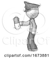 Sketch Police Man Holding Pill Walking To Left