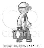 Poster, Art Print Of Sketch Doctor Scientist Man Walking With Medical Aid Briefcase To Right