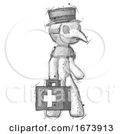 Sketch Plague Doctor Man Walking With Medical Aid Briefcase To Right