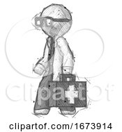 Poster, Art Print Of Sketch Doctor Scientist Man Walking With Medical Aid Briefcase To Left