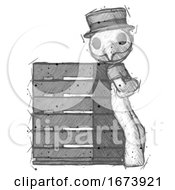 Poster, Art Print Of Sketch Plague Doctor Man Resting Against Server Rack Viewed At Angle