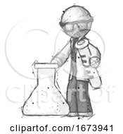 Poster, Art Print Of Sketch Doctor Scientist Man Holding Test Tube Beside Beaker Or Flask